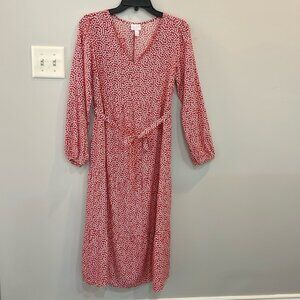 Isabel Maternity XS Red White Polka Dot V-Neck Midi Dress Long Sleeve Tie Waist